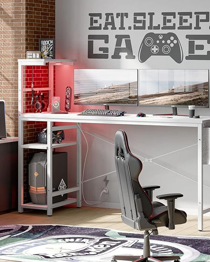 Bestier Gaming Desk with Power Outlets, 61 Inch Large Led Gamer Desk with 4 Tiers Reversible Shelves, PC Gaming Table with Headset Hook & Side Storage Bag for Bedroom (White 3D Carbon Fiber) - LeafyLoom
