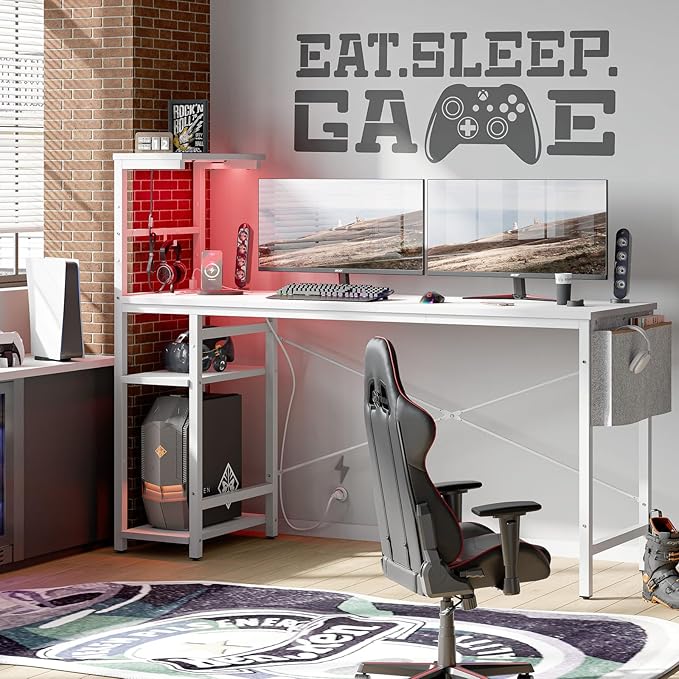 Bestier Gaming Desk with Power Outlets, 61 Inch Large Led Gamer Desk with 4 Tiers Reversible Shelves, PC Gaming Table with Headset Hook & Side Storage Bag for Bedroom (White 3D Carbon Fiber) - LeafyLoom