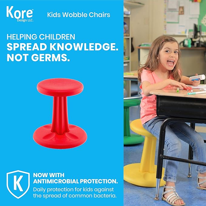 Kore Kids Junior Wobble Chair - Flexible Seating Stool for Classroom, Elementary School, ADD/ADHD - Made in The USA - Junior- Age 8-9, Grade 3-4, Red (16in) - LeafyLoom