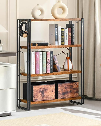 HCHQHS Bookshelf, 4-Tier Industrial Bookcase, Rustic Open Book Shelf, Freestanding Tall Bookshelves with Metal Frame - LeafyLoom