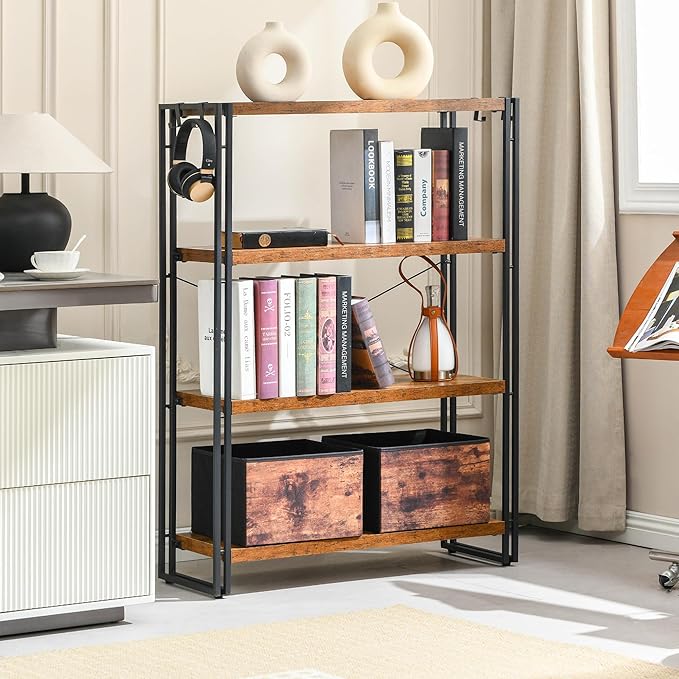 HCHQHS Bookshelf, 4-Tier Industrial Bookcase, Rustic Open Book Shelf, Freestanding Tall Bookshelves with Metal Frame - LeafyLoom
