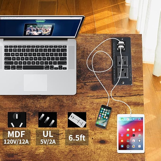 TEMI Folding Desk with USB & Socket 31.5", Computer Desk with Outlet for Home Office, Folding Table for Bedroom, Office Desk for Small Space, Small Desk with Black Frame, Rustic Brown - LeafyLoom