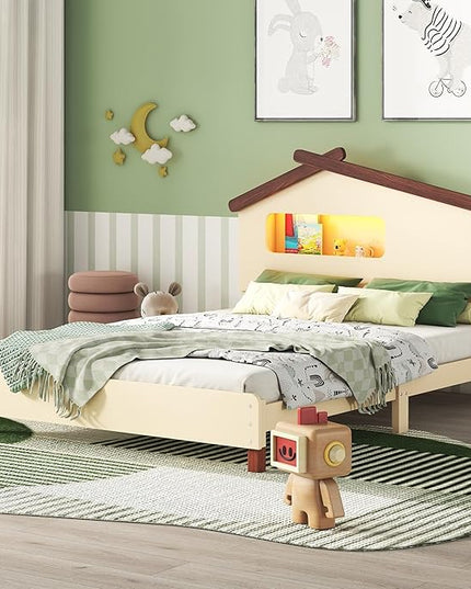 Full Size Bed Frame for Kids,Full Platform Bed with House-Shaped Headboard and Motion Activated Night Lights,Wood Full Kids Bed Frame for Girls,Boys(Full,Cream) - LeafyLoom