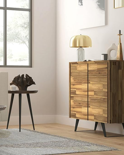 SIMPLIHOME Lowry SOLID ACACIA WOOD and Metal 39 Inch Wide Modern Industrial Medium Storage Cabinet in Distressed Golden Wheat, For the Living Room, Entryway and Family Room - LeafyLoom