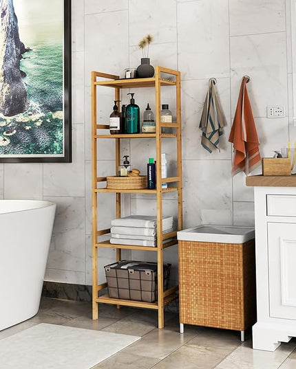 Tall Narrow Bookshelf, 5 Tier Bathroom Shelf Bamboo, Floor Standing Display Storage Organizer for Small Space, Adjustable Shelves, Natural Wood Bookcase - LeafyLoom
