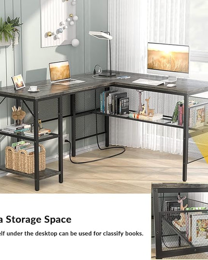 Unikito L Shaped Computer Desk with USB Charging Port and Power Outlet, Reversible Corner Desk with Storage Shelves, Industrial 2 Person Long Gaming Table Modern Home Office Desk, Black Oak - LeafyLoom