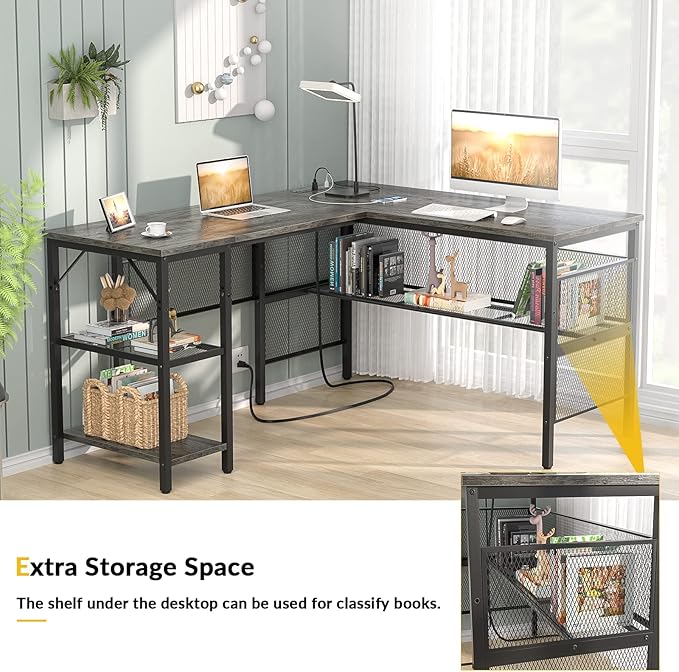 Unikito L Shaped Computer Desk with USB Charging Port and Power Outlet, Reversible Corner Desk with Storage Shelves, Industrial 2 Person Long Gaming Table Modern Home Office Desk, Black Oak - LeafyLoom