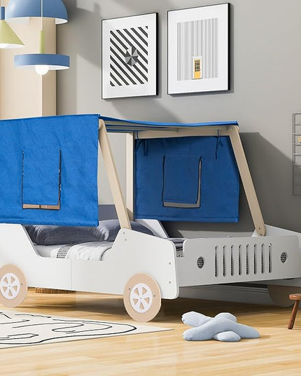 Full Size Kids Car Bed with Tent Canopy & Wheels,Wood Bedframe W/Safty Grille,Raised Base Design,Easy Assembly,Toddler Boys Car-Shaped Bedroom Beds for Reading Playing Relaxing,White+Natural - LeafyLoom