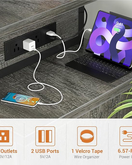 Computer Desk with 2 Fabric Drawers - Reversible Home Office Desk with Power Outlet & LED Lights, 53" Writing Desk with Monitor Stand & Storage Shelves, Gaming Desk Study Table with Pegboard, Grey Oak - LeafyLoom