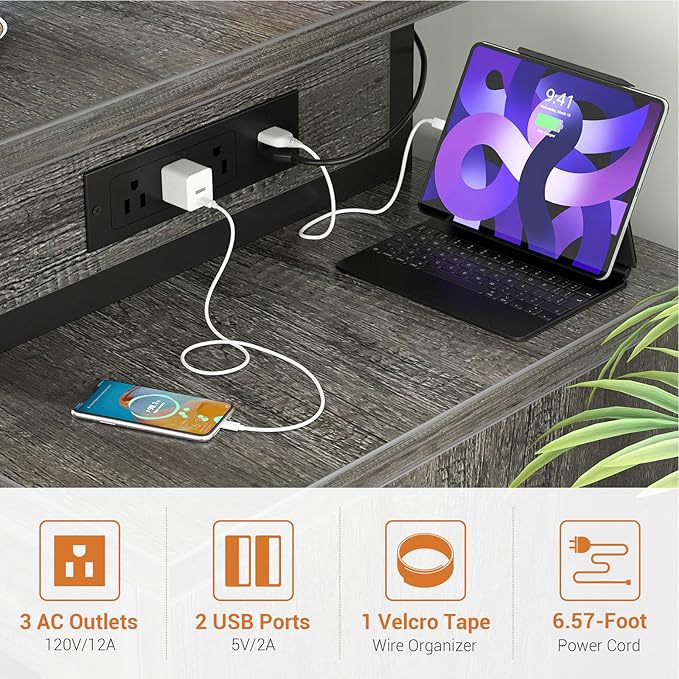 Computer Desk with 2 Fabric Drawers - Reversible Home Office Desk with Power Outlet & LED Lights, 53" Writing Desk with Monitor Stand & Storage Shelves, Gaming Desk Study Table with Pegboard, Grey Oak - LeafyLoom