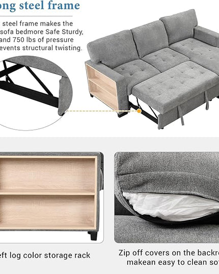 85.2“ L-Shape Sectional Sleeper Sofa with Pull out Bed and Drop Down Table, Velvet Upholstered Couch w/Storage Rack in Arm &USB Charge, for Living Room Apartment, 85.2 Inch, Gray - LeafyLoom