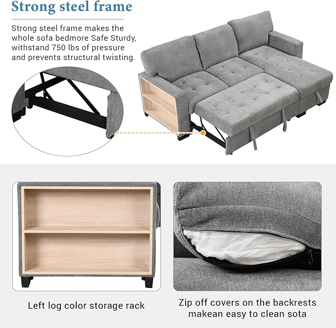 85.2“ L-Shape Sectional Sleeper Sofa with Pull out Bed and Drop Down Table, Velvet Upholstered Couch w/Storage Rack in Arm &USB Charge, for Living Room Apartment, 85.2 Inch, Gray - LeafyLoom