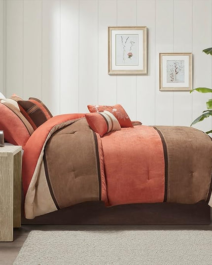 Madison Park Palisades Comforter Set Modern Faux Suede Pieced Stripe Design, All Season Down Alternative Cozy Bedding with Matching Shams, Decorative Pillows, Cal King(104"x92"), Coral 7 Piece - LeafyLoom