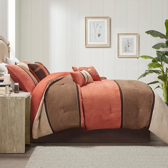 Madison Park Palisades Comforter Set Modern Faux Suede Pieced Stripe Design, All Season Down Alternative Cozy Bedding with Matching Shams, Decorative Pillows, Cal King(104"x92"), Coral 7 Piece - LeafyLoom