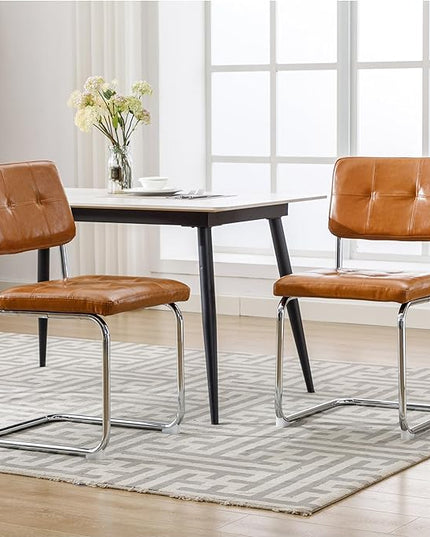 Forevich Mid Century Modern Dining Chairs Set of 2, Leather Kitchen Dining Room Side Chairs Upholstered Armless Accent Chairs with Metal Chrome Legs for Living Room, Bedroom Brown - LeafyLoom