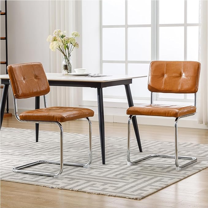 Forevich Mid Century Modern Dining Chairs Set of 2, Leather Kitchen Dining Room Side Chairs Upholstered Armless Accent Chairs with Metal Chrome Legs for Living Room, Bedroom Brown - LeafyLoom