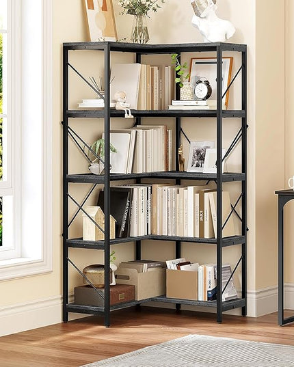 YITAHOME Corner Bookshelf, Industrial Corner Shelf 5 Tier Bookcase, Large Display Rack Storage for Bedroom, Living Room, Home Office,Charcoal Gray + Black - LeafyLoom