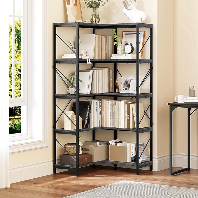 YITAHOME Corner Bookshelf, Industrial Corner Shelf 5 Tier Bookcase, Large Display Rack Storage for Bedroom, Living Room, Home Office,Charcoal Gray + Black - LeafyLoom