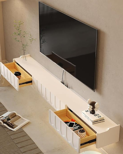 Floating TV Stand, 73'' High Gloss Wall Mounted TV Cabinet, Floating TV Shelves with Door & Drawers, Modern Entertainment Media Console Center Large Storage TV Bench for Living Room (White) - LeafyLoom