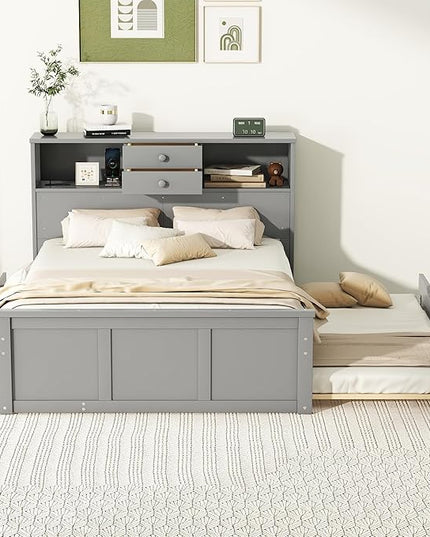Full Size Wood Pltaform Trundle and 3 Drawers/Upper Shelves,Multifunctional Storage Bed Frame,W/a Set of USB Ports & Sockets,for Apartment,Bedroom,Living Room,Gray - LeafyLoom