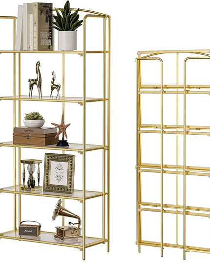 No Assembly Folding Bookshelf for Living Room, 5 Tier Gold Collapsible Book Shelf for Home Office, Portable Bookcase Storage Organizer - LeafyLoom