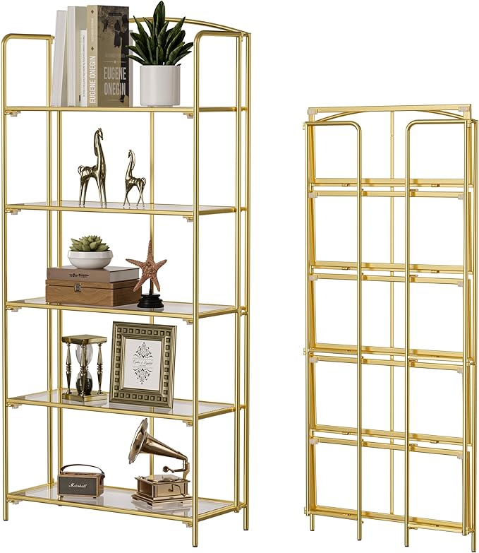 No Assembly Folding Bookshelf for Living Room, 5 Tier Gold Collapsible Book Shelf for Home Office, Portable Bookcase Storage Organizer - LeafyLoom