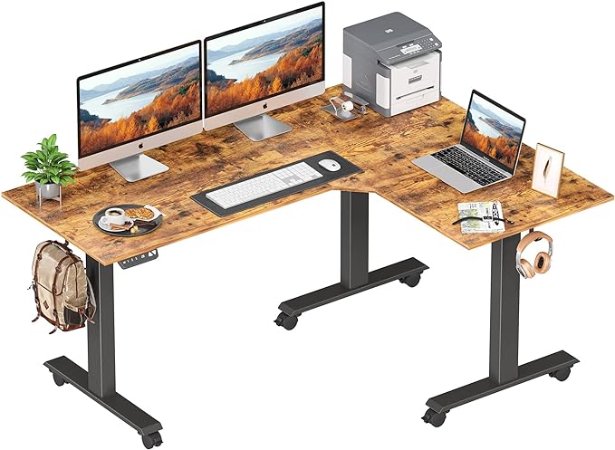 FEZIBO Triple Motor 63" L Shaped Standing Desk, Electric Standing Gaming Desk Adjustable Height, Corner Stand up Desk with Splice Board, Black Frame/Rustic Brown Top - LeafyLoom