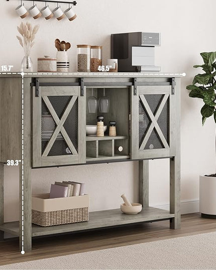 IDEALHOUSE Buffet Storage Cabinet Farmhouse Wine Cabinet Coffee Bar Table with Wine Glass Rack and Storage, Wood Buffets and Sideboards with Barn Mesh Door for Kitchen, Dining, Living Room - LeafyLoom