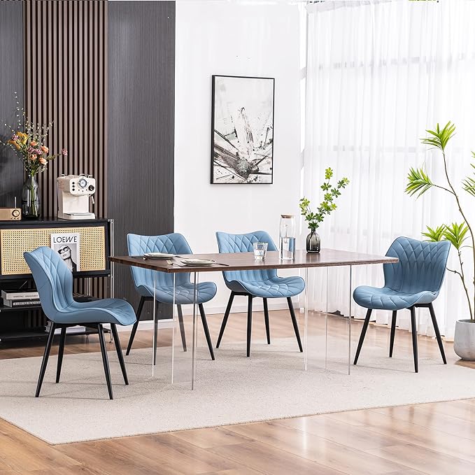 YOUNIKE Dining Chairs Set of 2 Upholstered Faux Leather Dining Room Chairs, Modern Kitchen Chairs Living Room Bedroom Side Chairs with Wide Curved Back and Adjustable Metal Legs, Blue - LeafyLoom