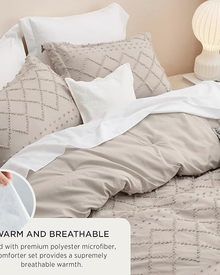 Bedsure Twin/Twin XL Comforter Set - Linen Boho Twin Extra Long Comforter Set for College, Shabby Chic Dorm Bedding Set, 2 Pieces Modern Farmhouse Bed Set, includes 1 Pillow Sham - LeafyLoom