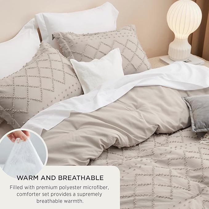 Bedsure Twin/Twin XL Comforter Set - Linen Boho Twin Extra Long Comforter Set for College, Shabby Chic Dorm Bedding Set, 2 Pieces Modern Farmhouse Bed Set, includes 1 Pillow Sham - LeafyLoom