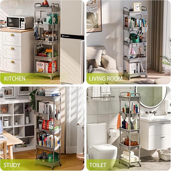5 Tier Small Rolling Cart Organizer,Bathroom Cart Organizers with Wheels Laundry Room Organization Mobile Shelving Unit Utility Cart Storage Shelves Multi-Functional for Office, Home(Grey) - LeafyLoom