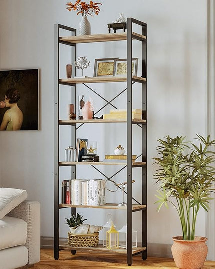 IRONCK Bookshelf 6-Tier Ladder Shelf 110lbs/shelf Display Shelf Vintage Industrial Style Bookcase for Home Office, Living Room - LeafyLoom