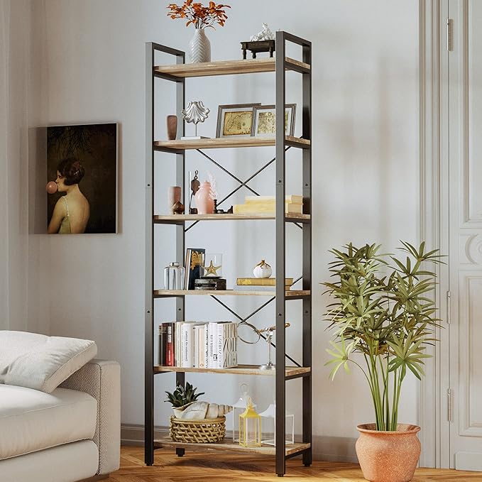 IRONCK Bookshelf 6-Tier Ladder Shelf 110lbs/shelf Display Shelf Vintage Industrial Style Bookcase for Home Office, Living Room - LeafyLoom