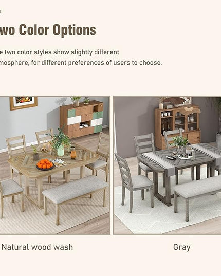 Merax 6-Piece Rubber Wood Dining Table Set with 4 Cushioned Chairs and Bench, Beautiful Grain Pattern Tabletop, Light Gray - LeafyLoom