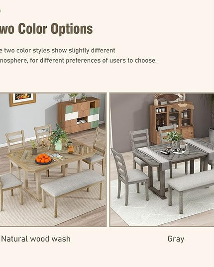 Merax 6-Piece Rubber Wood Dining Table Set with 4 Cushioned Chairs and Bench, Beautiful Grain Pattern Tabletop, 60 x 36 x 30.3 inch, Light Gray - LeafyLoom