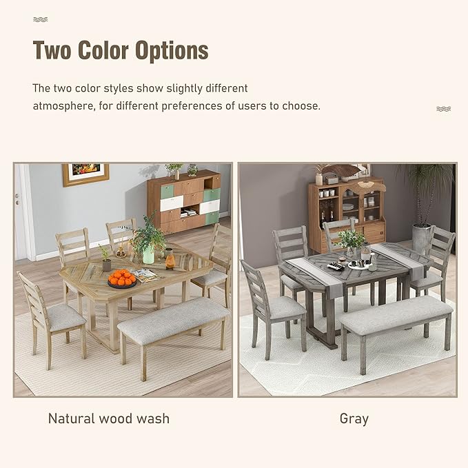 Dining Table Set for 6, 6-Piece Rubber Wood Dining Table Set with Beautiful Wood Grain Pattern Tabletop and Soft Cushion, Dining Room Table Set for Living Room, Kitchen, Antique Grey - LeafyLoom