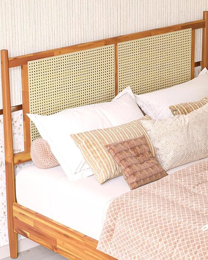 Bme Oliver Headboard Queen Size Bed Frame - 15-Inch Signature Design with Rattan Headboard, Bohemian and Mid Century Style, 12-Slat Wood Support, No Box Spring Needed - Easy Assembly, Caramel - LeafyLoom