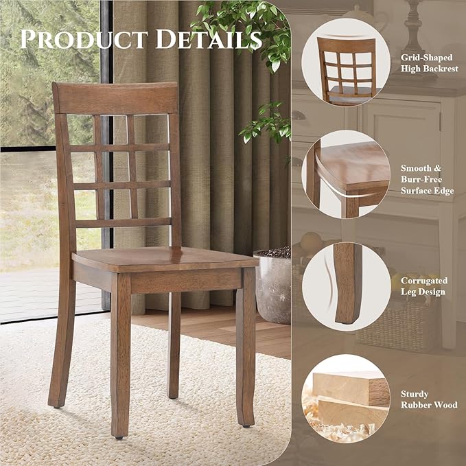 COLAMY Wooden Dining Chairs Set of 6, Nine-Square High Back Kitchen Side Chair, Farmhouse Dining Chairs for Kitchen and Dining Room, Light Brown - LeafyLoom