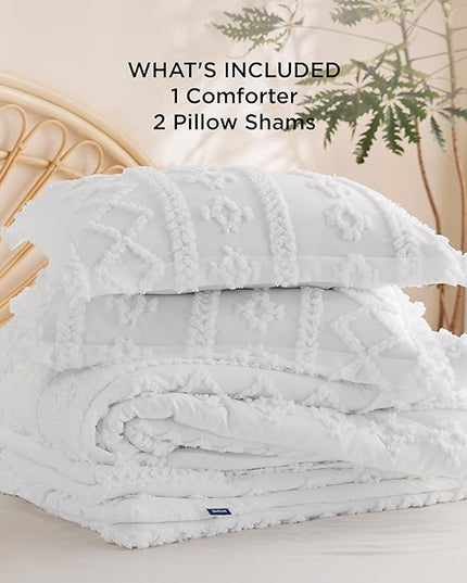 Bedsure Twin/Twin XL Comforter Set Dorm Bedding - White Boho Bedding Comforter Set, 2 Pieces Farmhouse Shabby Chic Embroidery Bed Set, Soft Jacquard Tufted Comforter for College - LeafyLoom