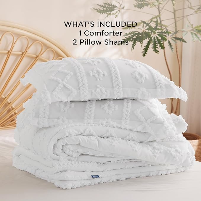 Bedsure Twin/Twin XL Comforter Set Dorm Bedding - White Boho Bedding Comforter Set, 2 Pieces Farmhouse Shabby Chic Embroidery Bed Set, Soft Jacquard Tufted Comforter for College - LeafyLoom