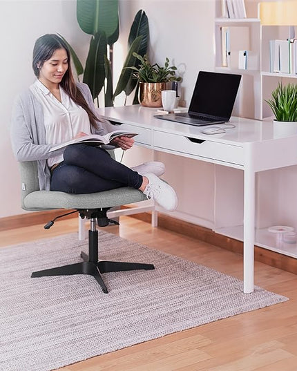 Criss Cross Chair - Wide Armless Desk Chair No Wheels, Cross Legged Office Chair, Adjustable Modern 360 Swivel Vanity, Fabric Padded,120° Rocking Ergonomic Mid Back Computer Task Chair - Grey - LeafyLoom