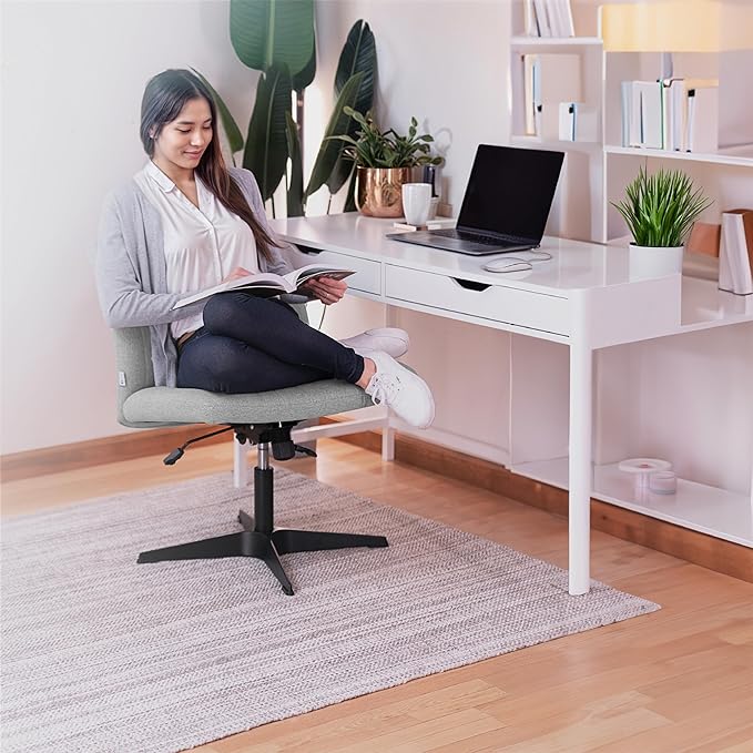 Criss Cross Chair - Wide Armless Desk Chair No Wheels, Cross Legged Office Chair, Adjustable Modern 360 Swivel Vanity, Fabric Padded,120° Rocking Ergonomic Mid Back Computer Task Chair - Grey - LeafyLoom