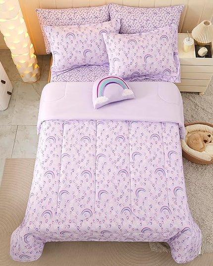 Mooreeke Queen Size Comforter Sets for Girls Kids, 8 Pieces Bed in a Bag Purple Love Heart Rainbow Bedding Comforter Sheet Set with Shams and Decorative Toy Pillow, Ultral Soft Microfiber Kids Bed Set - LeafyLoom