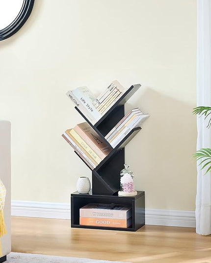 Hoctieon 3 Tier Tree Bookshelf, Small Bookcase with Drawer, Desktop Book Shelf, Display Floor Standing Storage Shelf, Book Organizer Shelves for Home Office, Black - LeafyLoom