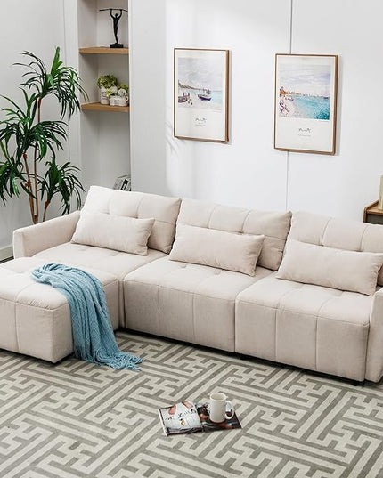 Oversized Sectional Sofa with USB Charging Port, Movable Ottoman & 2 Pillows, Extra Deep Seats & Button Tufted Backrest, 3-Seat L-Shaped Cloud Couch for Apartment, Living Room, Bedroom - LeafyLoom