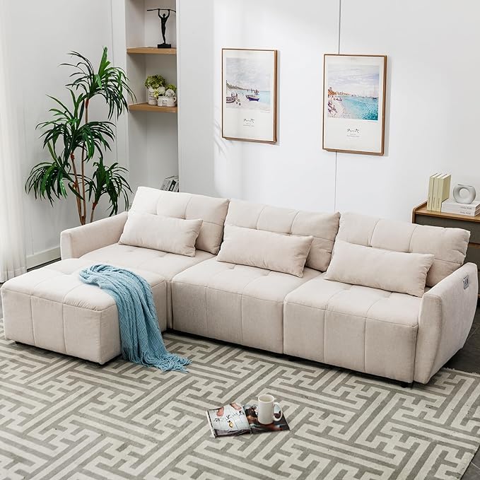 Oversized Sectional Sofa with USB Charging Port, Movable Ottoman & 2 Pillows, Extra Deep Seats & Button Tufted Backrest, 3-Seat L-Shaped Cloud Couch for Apartment, Living Room, Bedroom - LeafyLoom