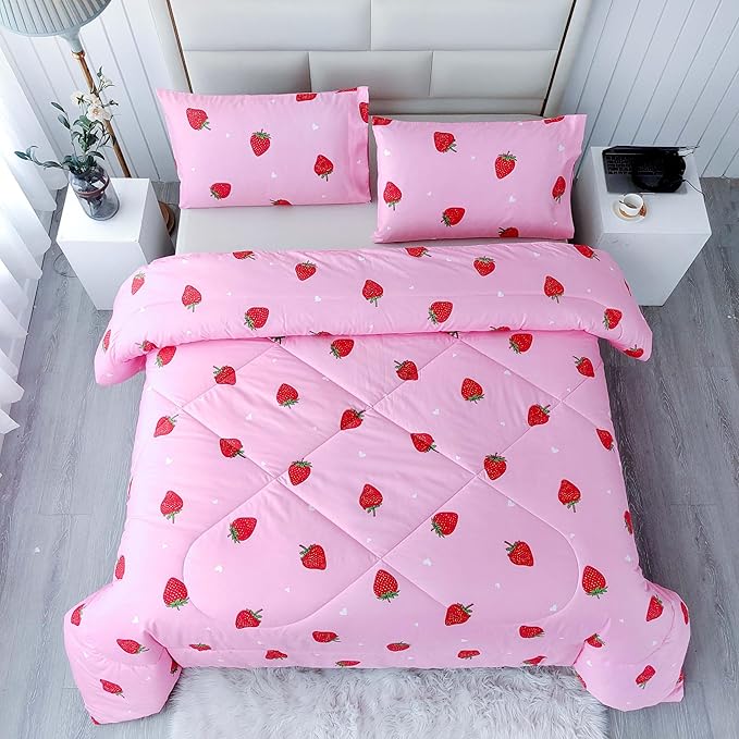 SDY 3PCS Full Size Strawberry Comforter Set, Girls Full Size Comforter Sets, Strawberry Bedroom Decor Cute Comforter Set, Kawaii Bedding Set Pink Comforter for Kids, Children, Teen… - LeafyLoom