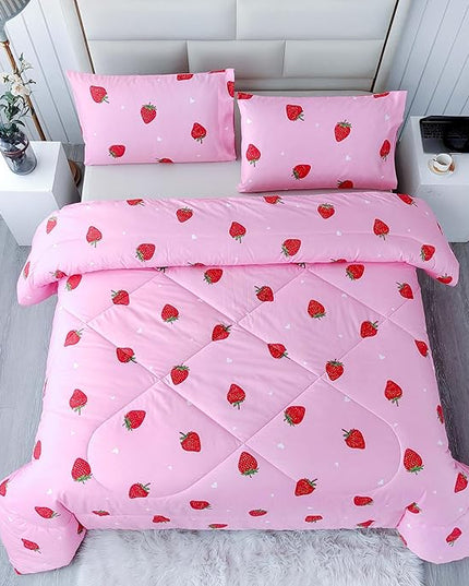 SDY 3PCS Strawberry Comforter Set Queen, Strawberry Queen Size Bedding Set, Kawaii Bed Set Kids Comforter Set, Cute Pink Bedding Room Decor for Girls, Children, Teen… - LeafyLoom