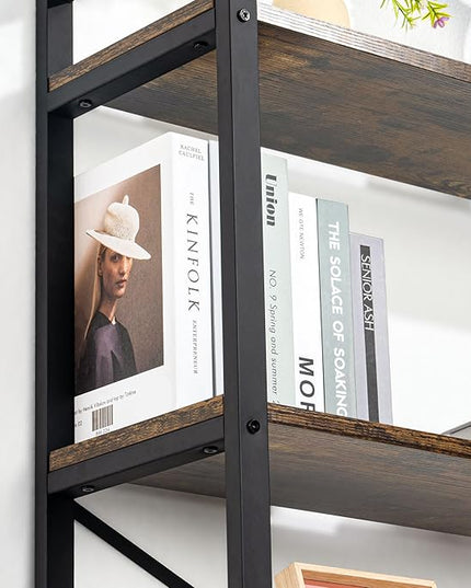 5 Tier Bookshelf Rustic Industrial Style, Storage Shelves, Metal Book Shelves Bookcase Book Shelf Display Shelf for Home Office, Living Room, Bedroom, Kitchen (23.6" W, Brown) - LeafyLoom